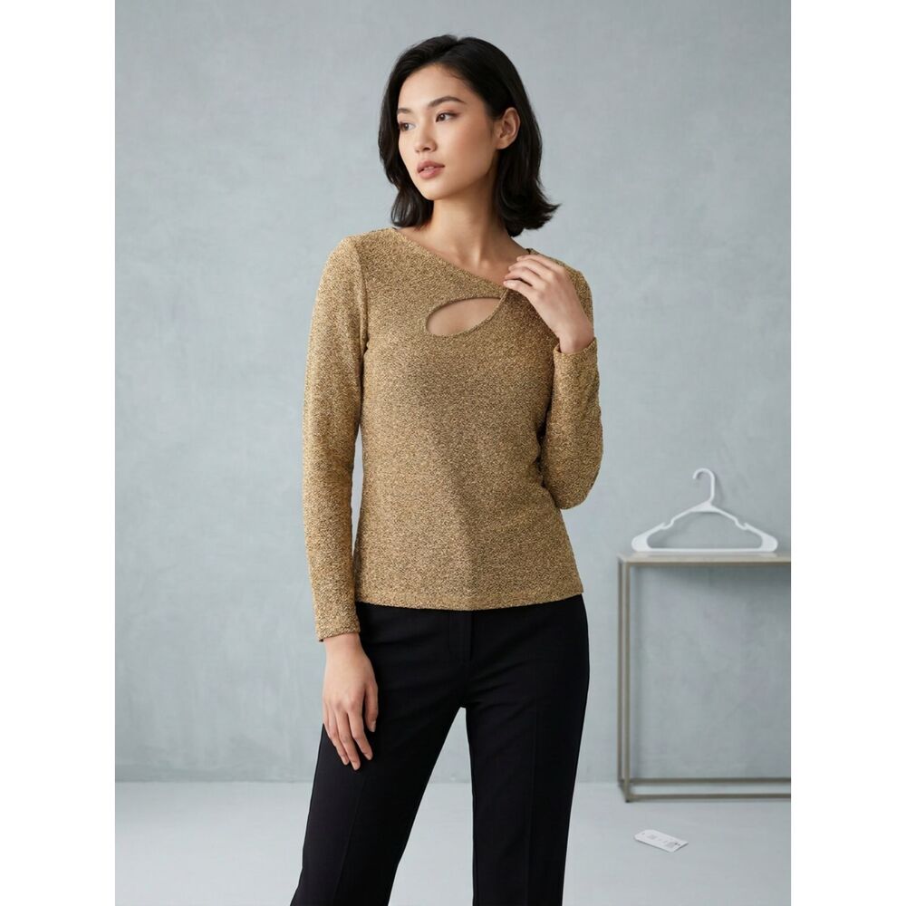 NWT Clara Sunwoo Gold Metallic Keyhole Top XS Long Sleeve Made in USA Holiday